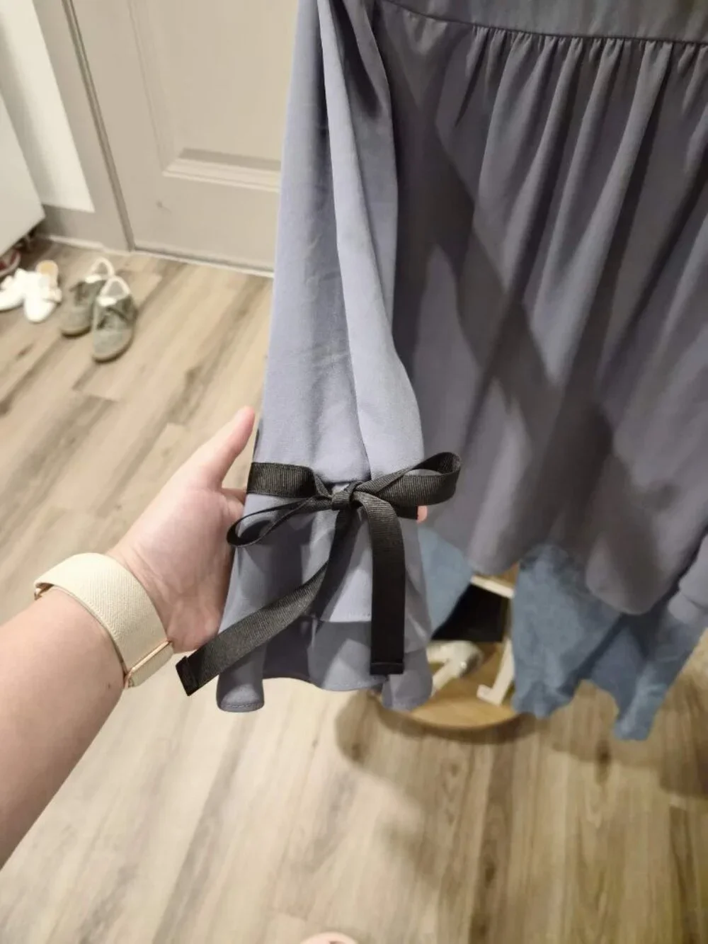 By Bomi Dusty Blue Tie-Neck Blouse with Black Ribbon Cuffs - Picture 4 of 5
